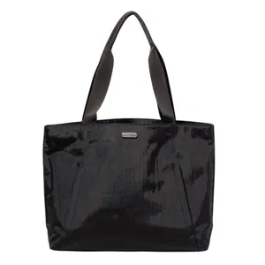 Black tote bag with dual handles and a textured shiny finish, featuring a small metallic brand logo on the front.