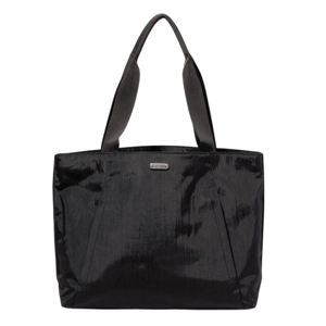 Black tote bag with dual handles and a textured shiny finish, featuring a small metallic brand logo on the front.