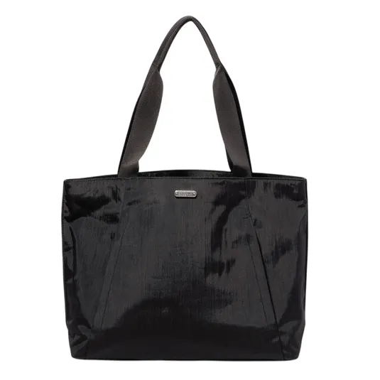 Black tote bag with dual handles and a textured shiny finish, featuring a small metallic brand logo on the front.