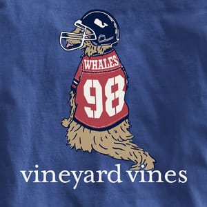 A cartoon dog wearing a football helmet and jersey with \“WHALES\“ and number \“98\“ is depicted above a \“vineyard vines\“ logo, set against a blue background.