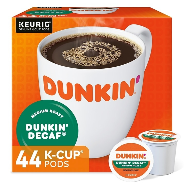 Dunkin' Decaf Medium Roast coffee, available in 44 K-Cup Pods, compatible with Keurig machines.