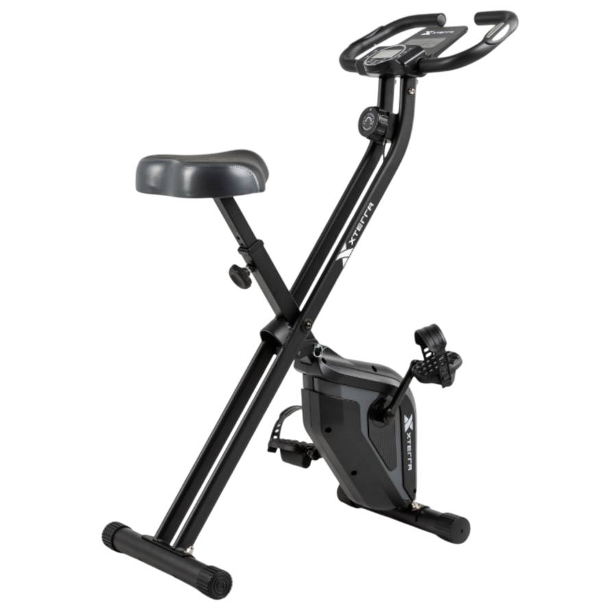 Foldable stationary exercise bike with a cushioned seat, adjustable tension, and a digital display for tracking workouts.