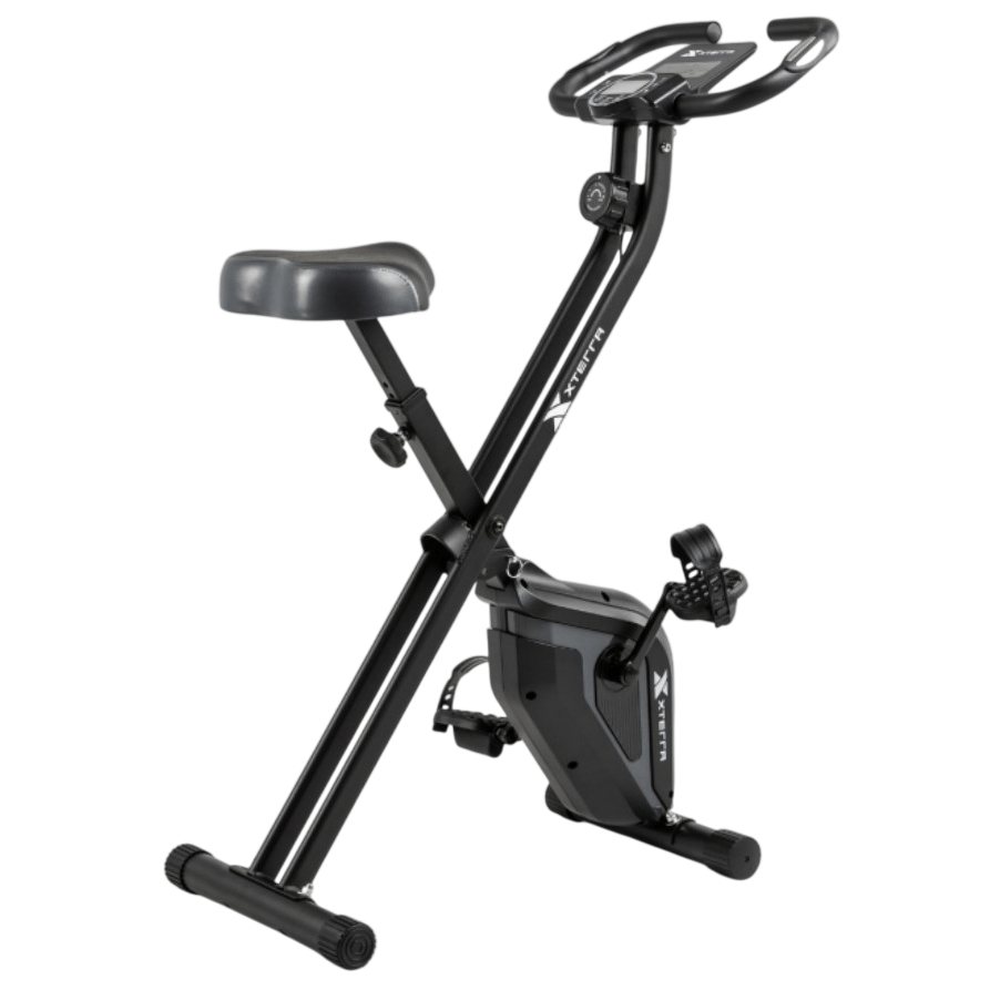 Foldable stationary exercise bike with a cushioned seat, adjustable tension, and a digital display for tracking workouts.