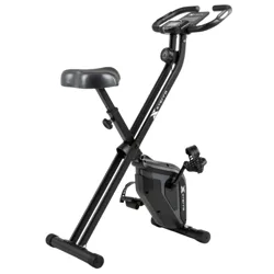 Foldable stationary exercise bike with a cushioned seat, adjustable tension, and a digital display for tracking workouts.