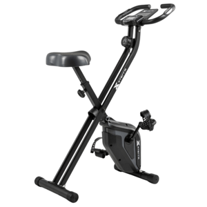 Foldable stationary exercise bike with a cushioned seat, adjustable tension, and a digital display for tracking workouts.