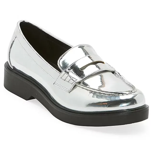 Silver metallic penny loafers with a sleek, shiny finish, featuring a black sole and a classic slip-on design.