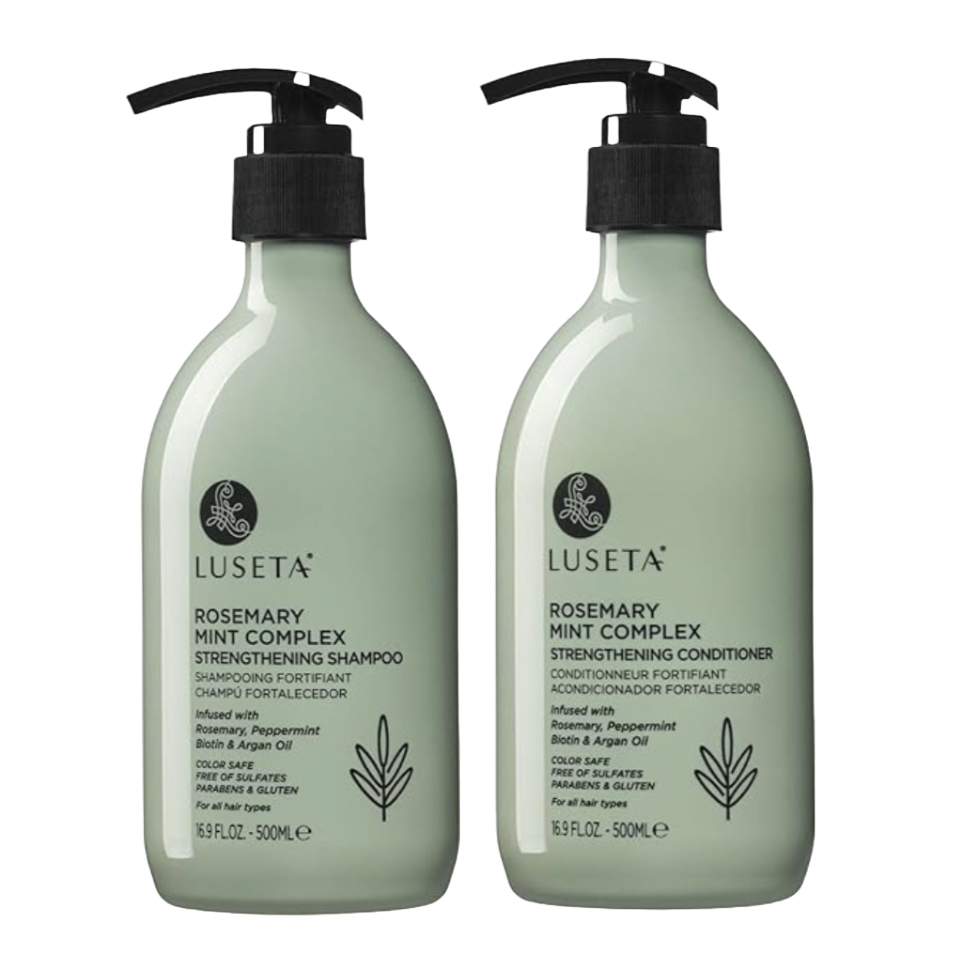 Luseta Rosemary Mint Complex Strengthening Hair Care Set includes a shampoo and conditioner, infused with rosemary, peppermint, biotin, and argan oil. They are color-safe, sulfate-free, and suitable for all hair types, each in a 16.9 fl oz (500 ml) bottle.