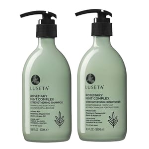 Luseta Rosemary Mint Complex Strengthening Hair Care Set includes a shampoo and conditioner, infused with rosemary, peppermint, biotin, and argan oil. They are color-safe, sulfate-free, and suitable for all hair types, each in a 16.9 fl oz (500 ml) bottle.