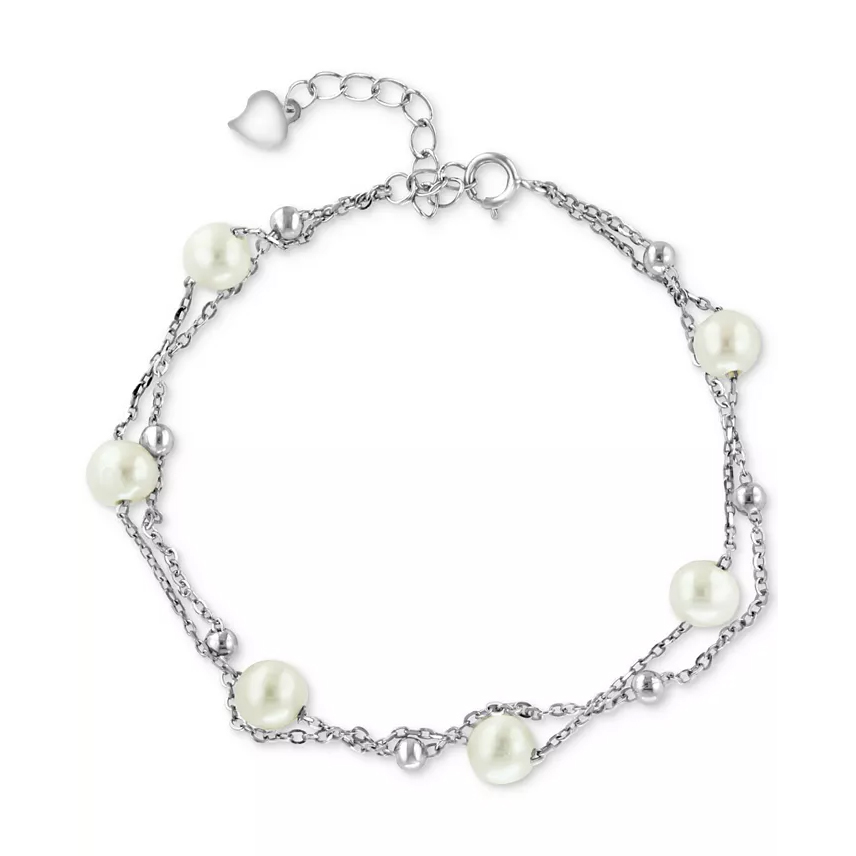 Effy Cultured Pearl Layered Bracelet features dual silver chains adorned with round pearls and small silver beads, with an adjustable clasp and heart charm.