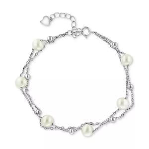 Effy Cultured Pearl Layered Bracelet features dual silver chains adorned with round pearls and small silver beads, with an adjustable clasp and heart charm.