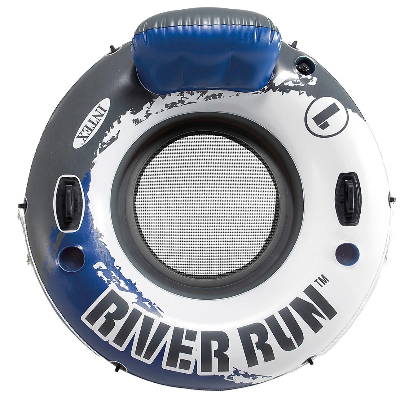 Inflatable river tube with backrest, mesh bottom, and grab handles, featuring \“River Run\“ branding.