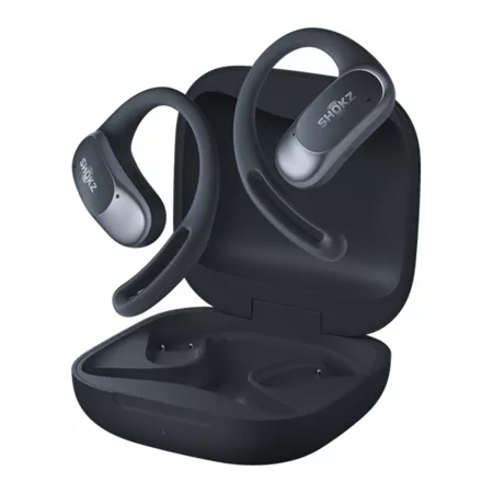 Wireless earbuds with ear hooks, branded Shokz, displayed with an open charging case.