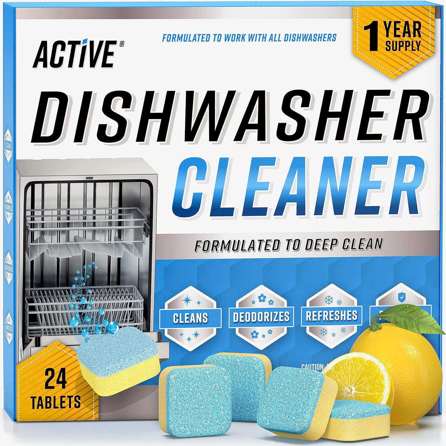 Active Dishwasher Cleaner 24pk tablets, designed to work with all dishwashers, formulated to deep clean, deodorize, and refresh. Comes with a one-year supply, featuring a lemon scent.