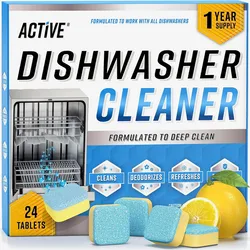 Active Dishwasher Cleaner 24pk tablets, designed to work with all dishwashers, formulated to deep clean, deodorize, and refresh. Comes with a one-year supply, featuring a lemon scent.