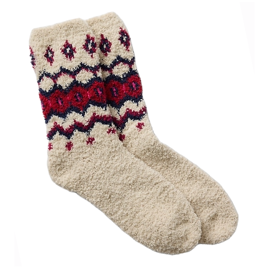 Cream-colored, fluffy women's socks featuring a red and navy geometric pattern around the ankle area. They appear soft and warm, suitable for cozy indoor wear.