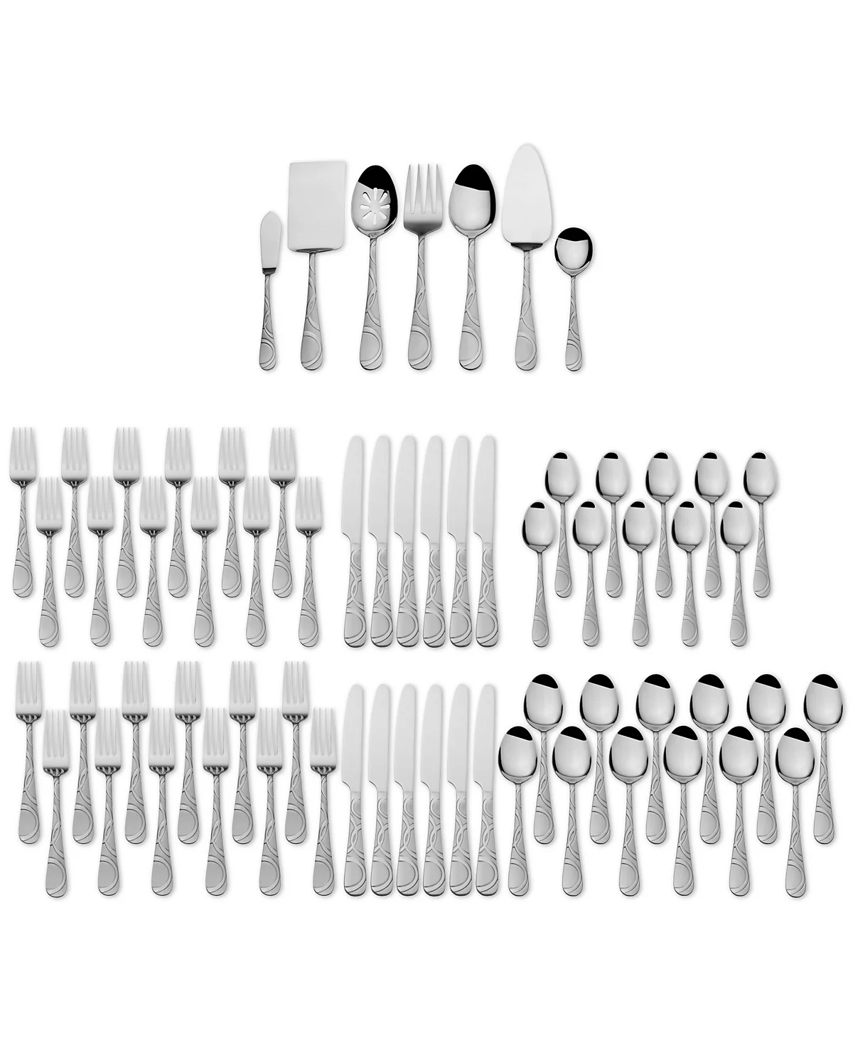67-piece flatware set includes forks, knives, teaspoons, soup spoons, and serving utensils, each with a simple, elegant design. The collection features a combination of dinner and serving pieces, suitable for a full table setting.
