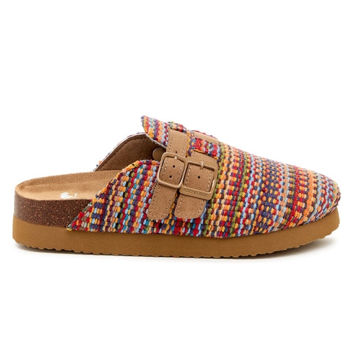 Colorful woven clog slipper with a cork sole and dual adjustable straps.