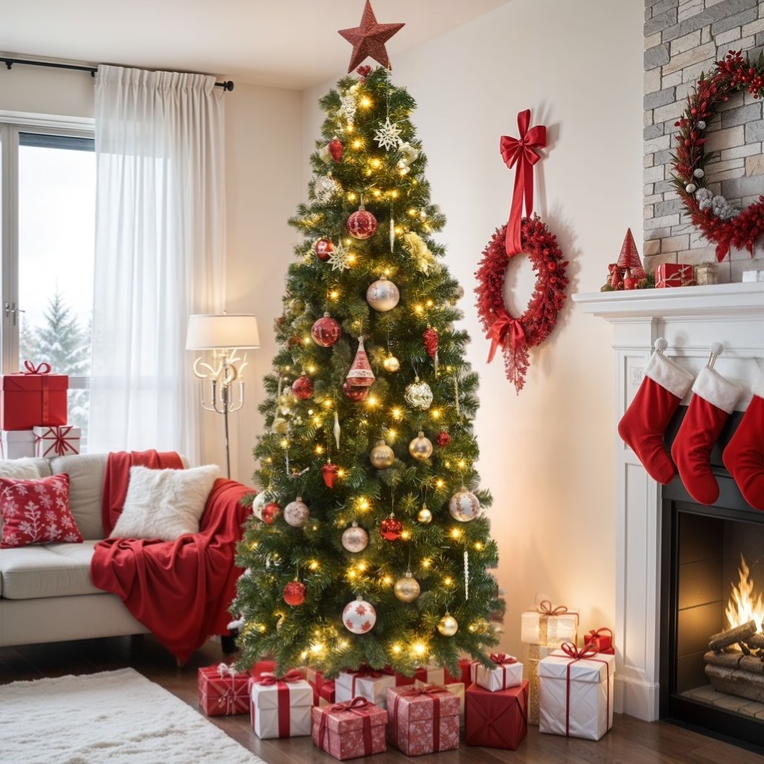 A decorated Christmas tree with lights and ornaments stands beside a fireplace adorned with stockings. Gifts wrapped in red and white with ribbons are placed under the tree, accompanied by a couch with festive pillows and red throws.