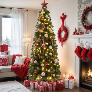 A decorated Christmas tree with lights and ornaments stands beside a fireplace adorned with stockings. Gifts wrapped in red and white with ribbons are placed under the tree, accompanied by a couch with festive pillows and red throws.