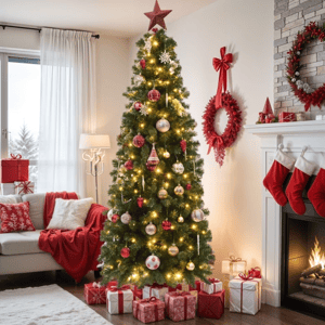 A decorated Christmas tree with lights and ornaments stands beside a fireplace adorned with stockings. Gifts wrapped in red and white with ribbons are placed under the tree, accompanied by a couch with festive pillows and red throws.