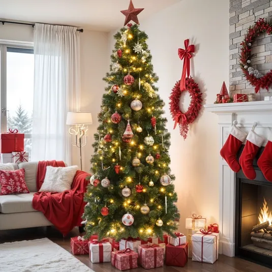 A decorated Christmas tree with lights and ornaments stands beside a fireplace adorned with stockings. Gifts wrapped in red and white with ribbons are placed under the tree, accompanied by a couch with festive pillows and red throws.