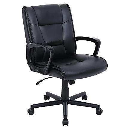 Black leather office chair with padded seat and backrest, featuring armrests, swivel base, and caster wheels for mobility.