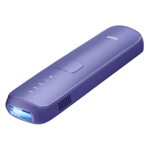 The Ulike Air 3 Hair Removal Device is a sleek, portable tool with a smooth, purple finish, featuring a small power button and light indicators on top, and a light-emitting opening for hair removal treatments.