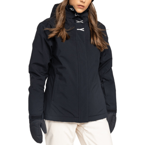 The Roxy Galaxy Snow Jacket is a black winter coat featuring a high collar, hood, and Velcro-adjustable cuffs, with concealed front zipper. It's designed for cold weather activities, paired here with white pants and matching gloves.