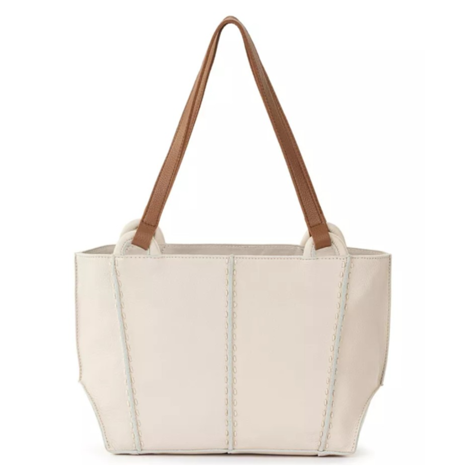 Beige tote bag with brown handles, featuring stitched panel details.