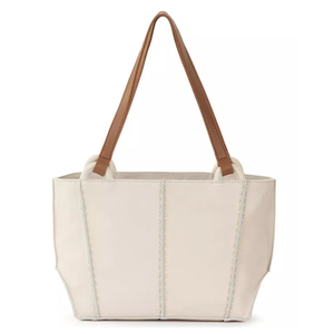 Beige tote bag with brown handles, featuring stitched panel details.