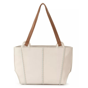 Beige tote bag with brown handles, featuring stitched panel details.