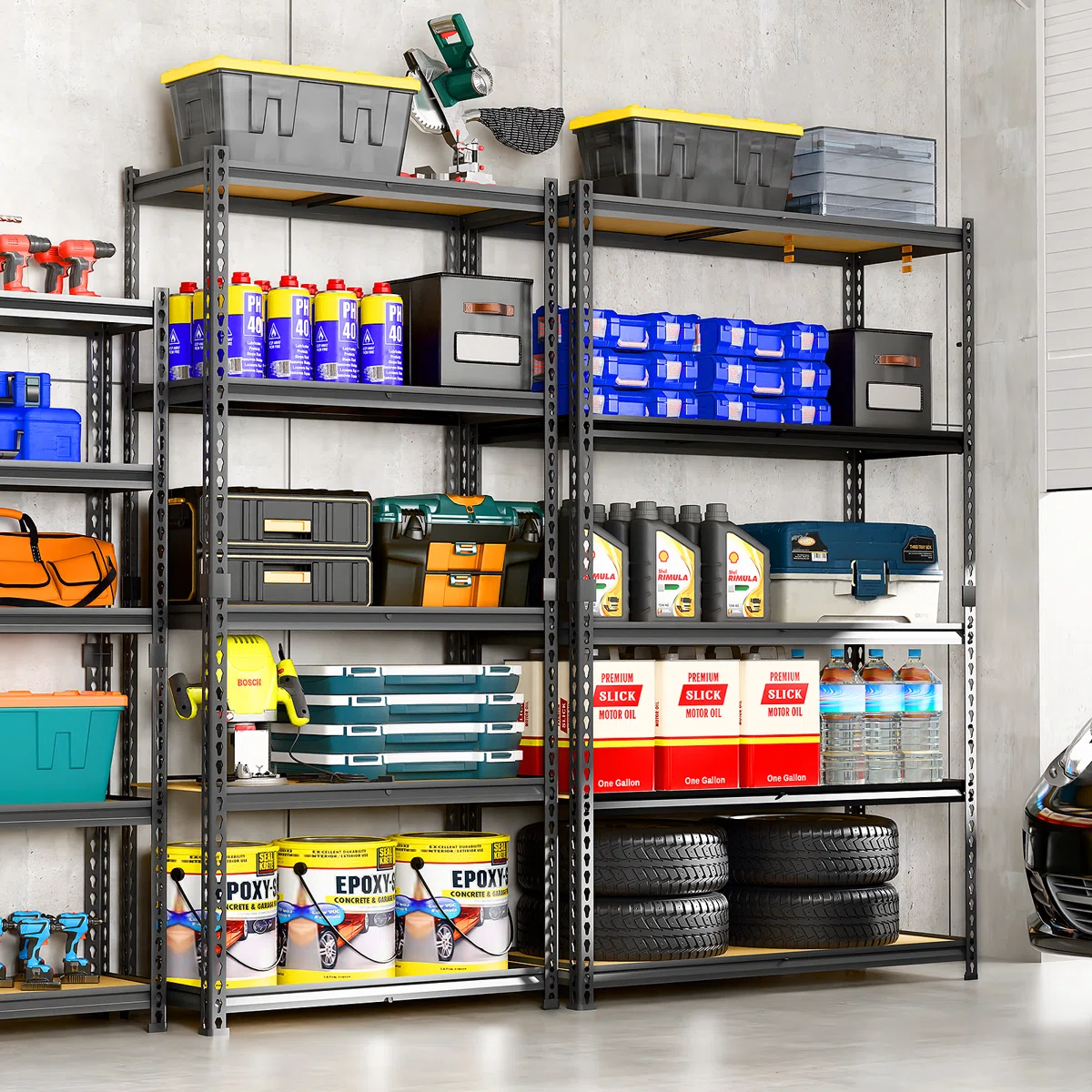 Garage shelves with various tools, storage bins, motor oil, epoxy cans, tires, and bottled water.