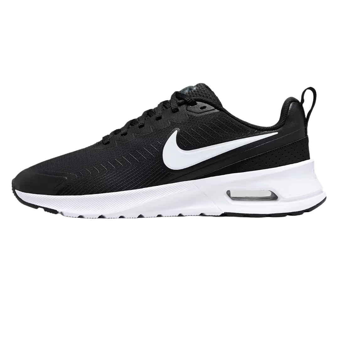 Nike Men's Air Max Nuaxis Shoes feature a sleek black design with a white swoosh, a visible Air Max unit in the heel for cushioning, durable mesh upper for breathability, and a rubber outsole for traction.