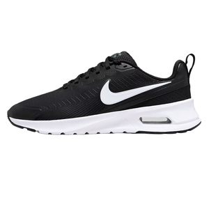 Nike Men's Air Max Nuaxis Shoes feature a sleek black design with a white swoosh, a visible Air Max unit in the heel for cushioning, durable mesh upper for breathability, and a rubber outsole for traction.