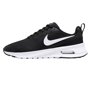 Nike Men's Air Max Nuaxis Shoes feature a sleek black design with a white swoosh, a visible Air Max unit in the heel for cushioning, durable mesh upper for breathability, and a rubber outsole for traction.
