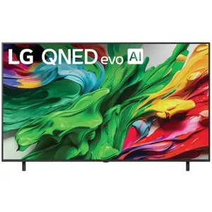 LG QNED evo AI TV with vibrant abstract design on the screen.
