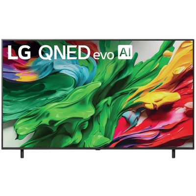 LG QNED evo AI TV with vibrant abstract design on the screen.