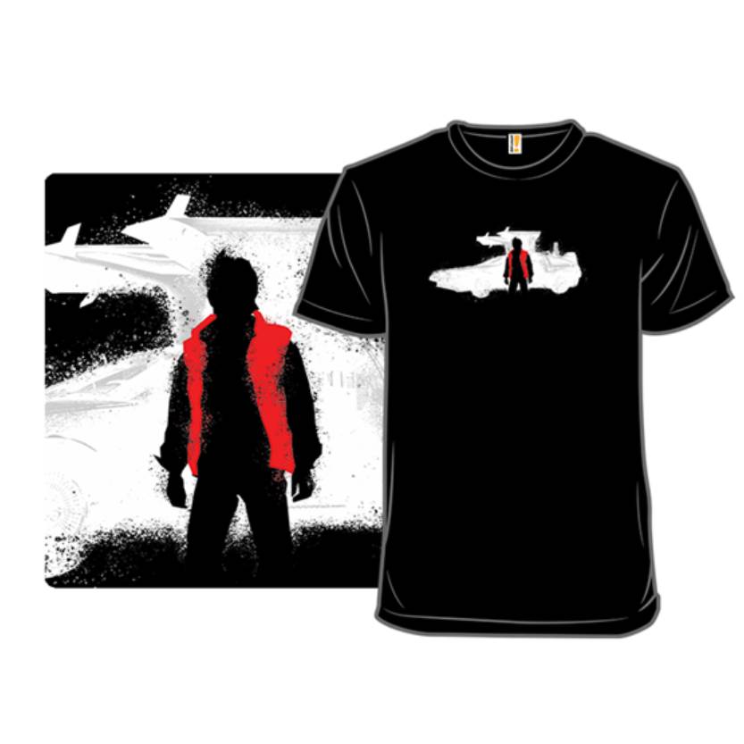 Black T-shirt with a graphic of a man in a red jacket standing in front of an airplane.