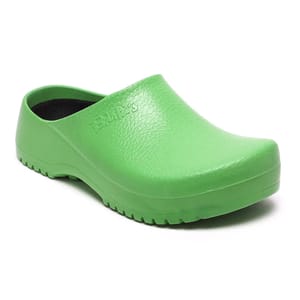 A green slip-on clog with a textured surface and a slight heel, featuring the \“Birki's\“ logo embossed on the side.