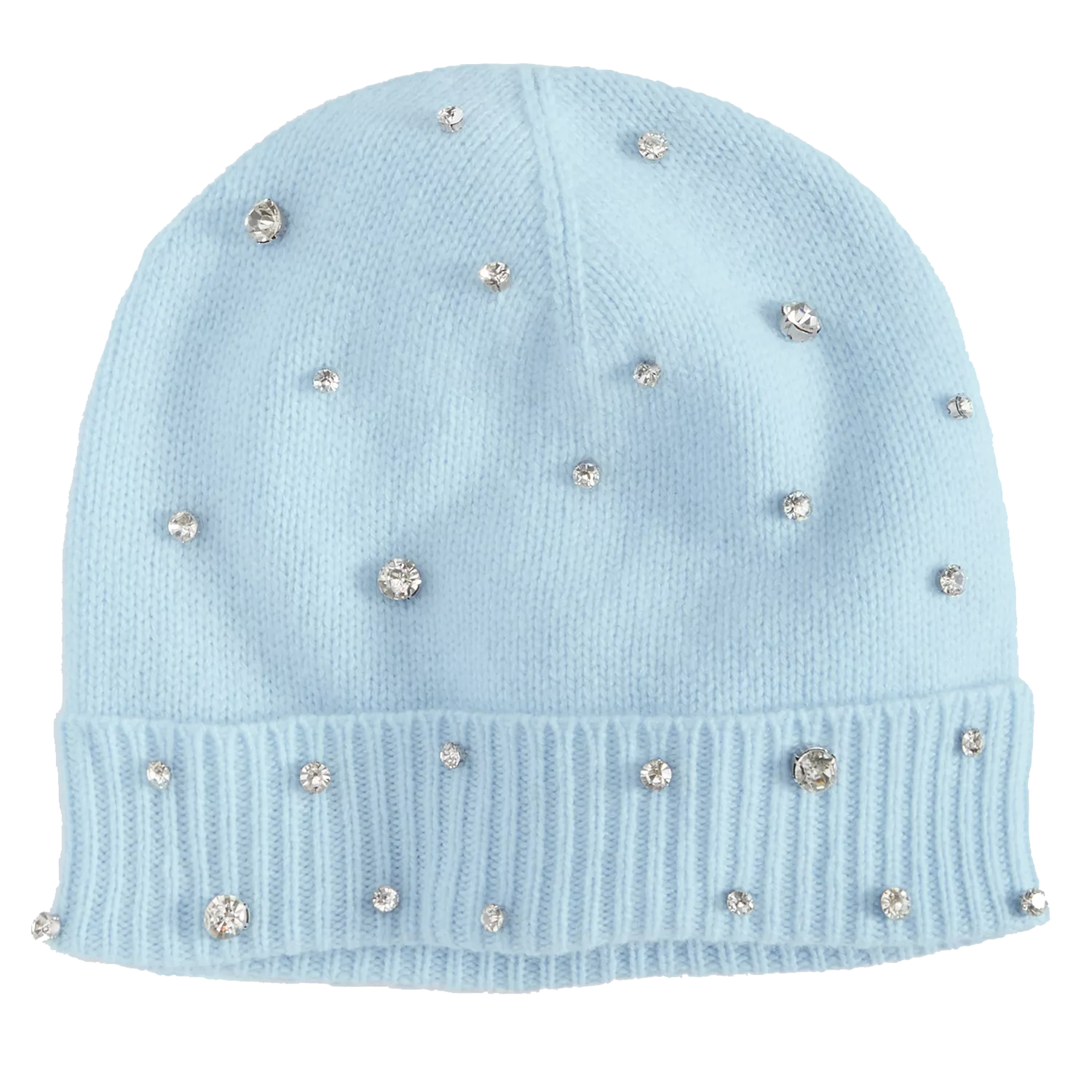 Light blue knit beanie adorned with small, scattered rhinestones and ribbed edges.