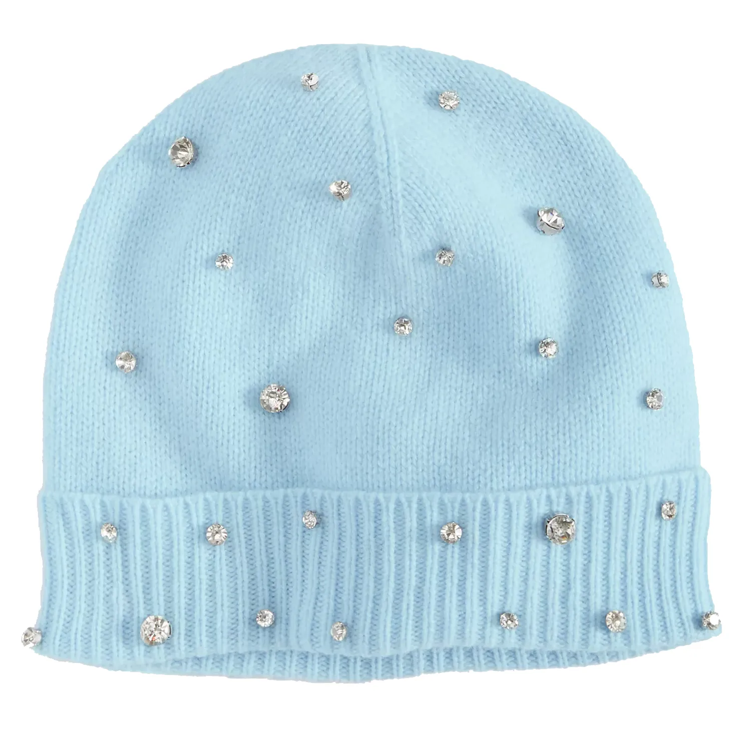 Light blue knit beanie adorned with small, scattered rhinestones and ribbed edges.