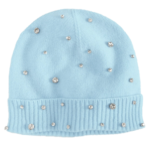 Light blue knit beanie adorned with small, scattered rhinestones and ribbed edges.