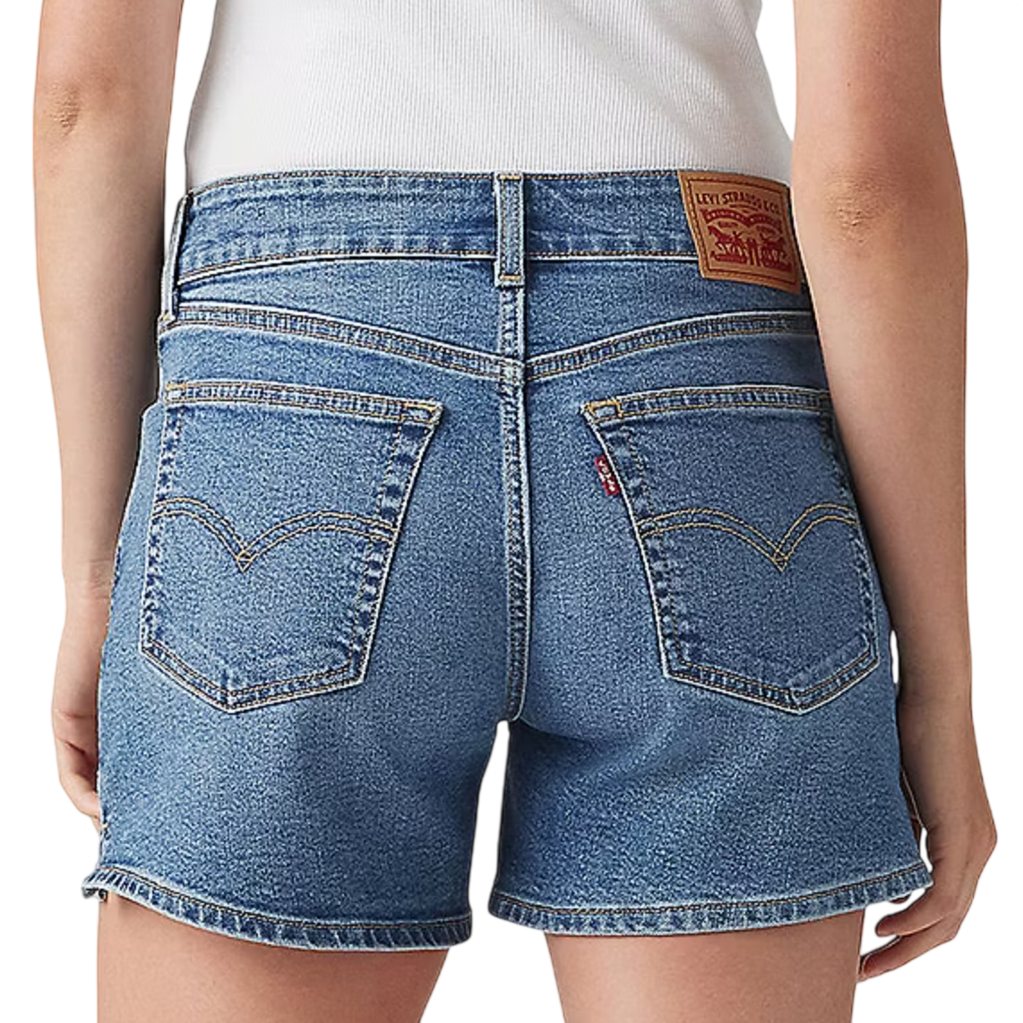Denim shorts from Levi's with a back patch label and distinctive stitching on the rear pockets, paired with a white tank top.