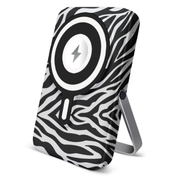 A zebra-patterned wireless charger with a stand and magnetic charging icon is shown.