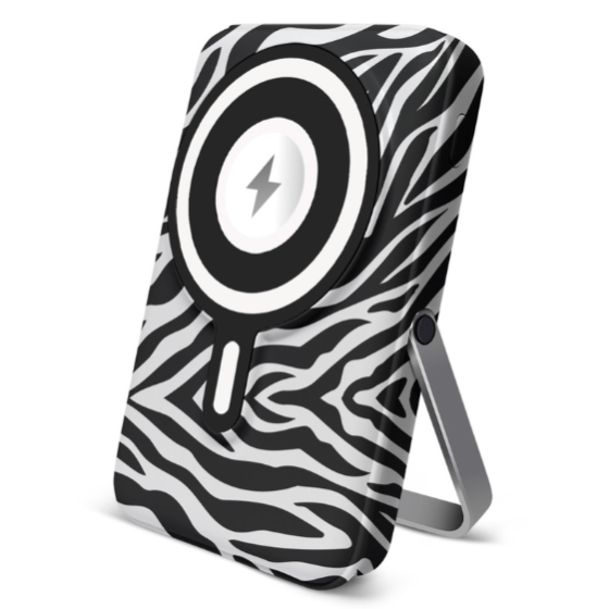 A zebra-patterned wireless charger with a stand and magnetic charging icon is shown.