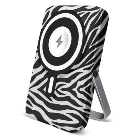 A zebra-patterned wireless charger with a stand and magnetic charging icon is shown.