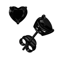 Black heart-shaped stud earrings with a faceted design and post backings, made entirely of a dark material.