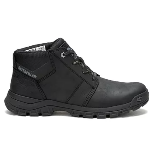 Black Caterpillar ankle boot with a rugged sole, featuring a lace-up design and branded detailing on the side and toe.