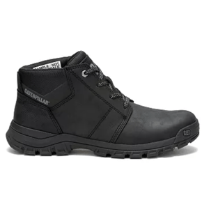 Black Caterpillar ankle boot with a rugged sole, featuring a lace-up design and branded detailing on the side and toe.