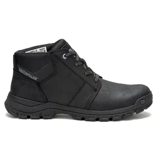 Black Caterpillar ankle boot with a rugged sole, featuring a lace-up design and branded detailing on the side and toe.